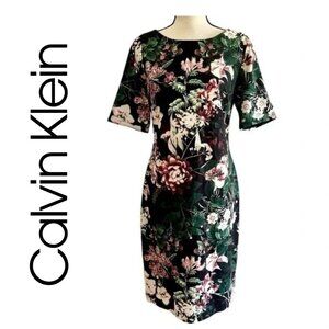 CALVIN KLEIN Floral Sheath Dress Midi Black Elegant Women's Classic Career